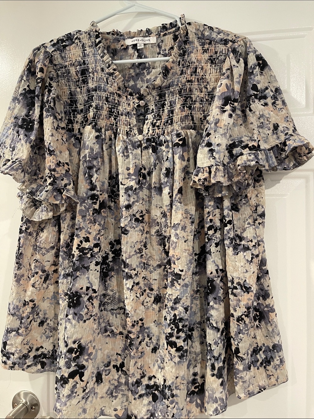 Rose & Olive Beige and Black Floral Smocked V-Neck Blouse